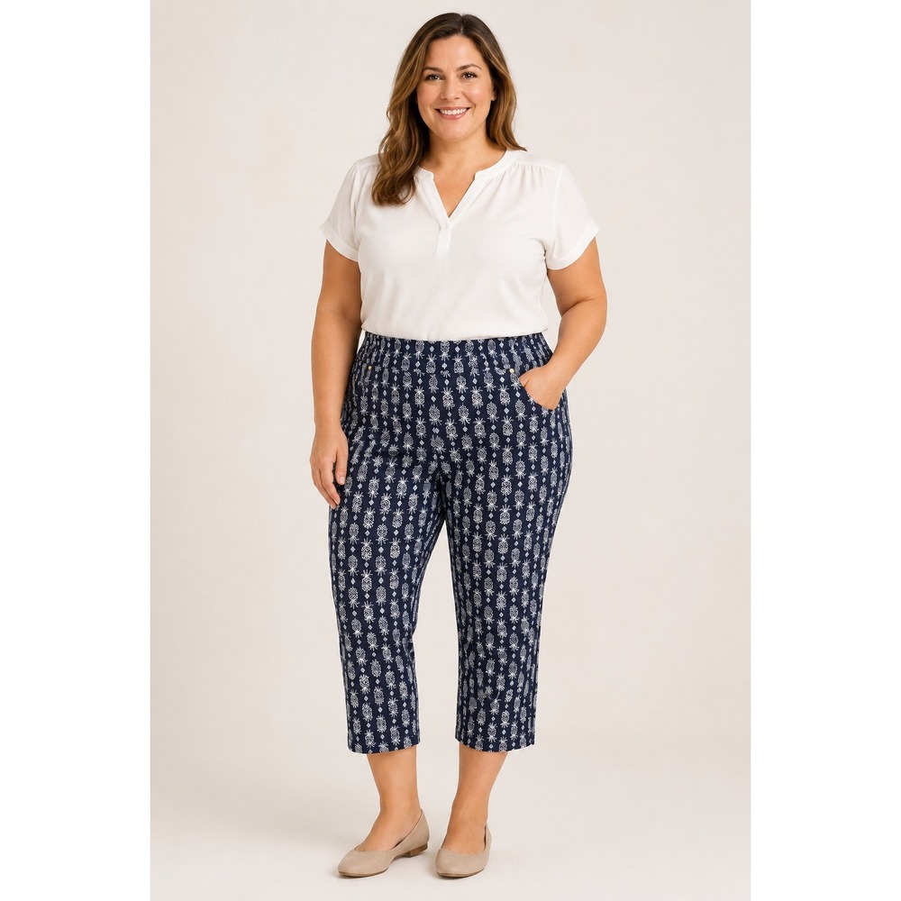 Ruby Rd Capri Pants Womens 14 Blue Pineapple Print Stretch Pull On Crop Skimmer